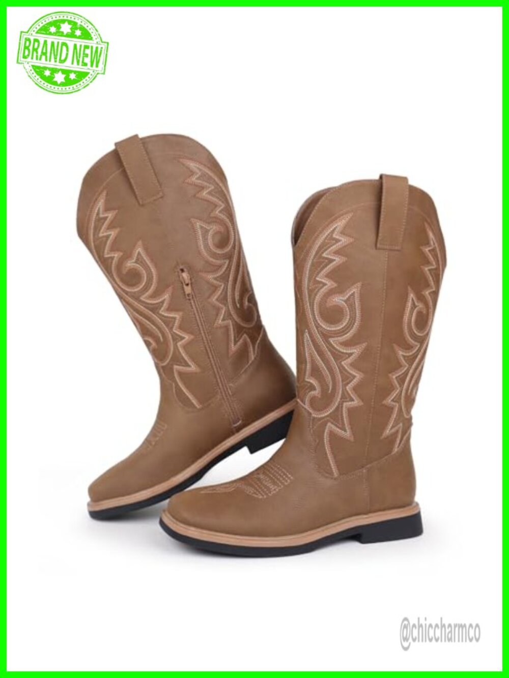 Women's Cowboy Boots Square Toe Side Zipper Embroidered Low Heel Western Mid